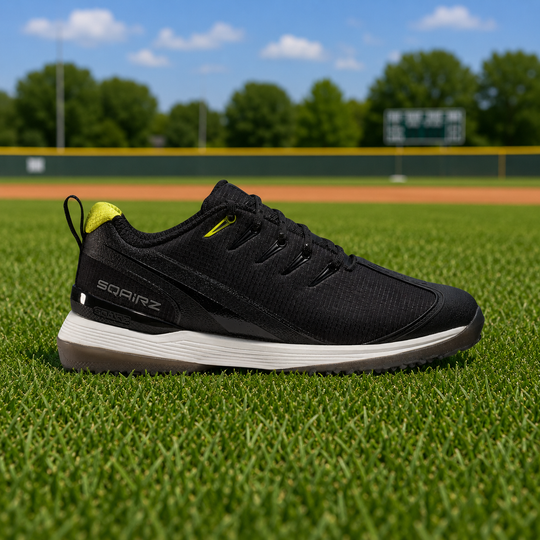 SQAIRZ GFP2 women's black softball turf shoes in white and gray for turf fields batting cages and softball training