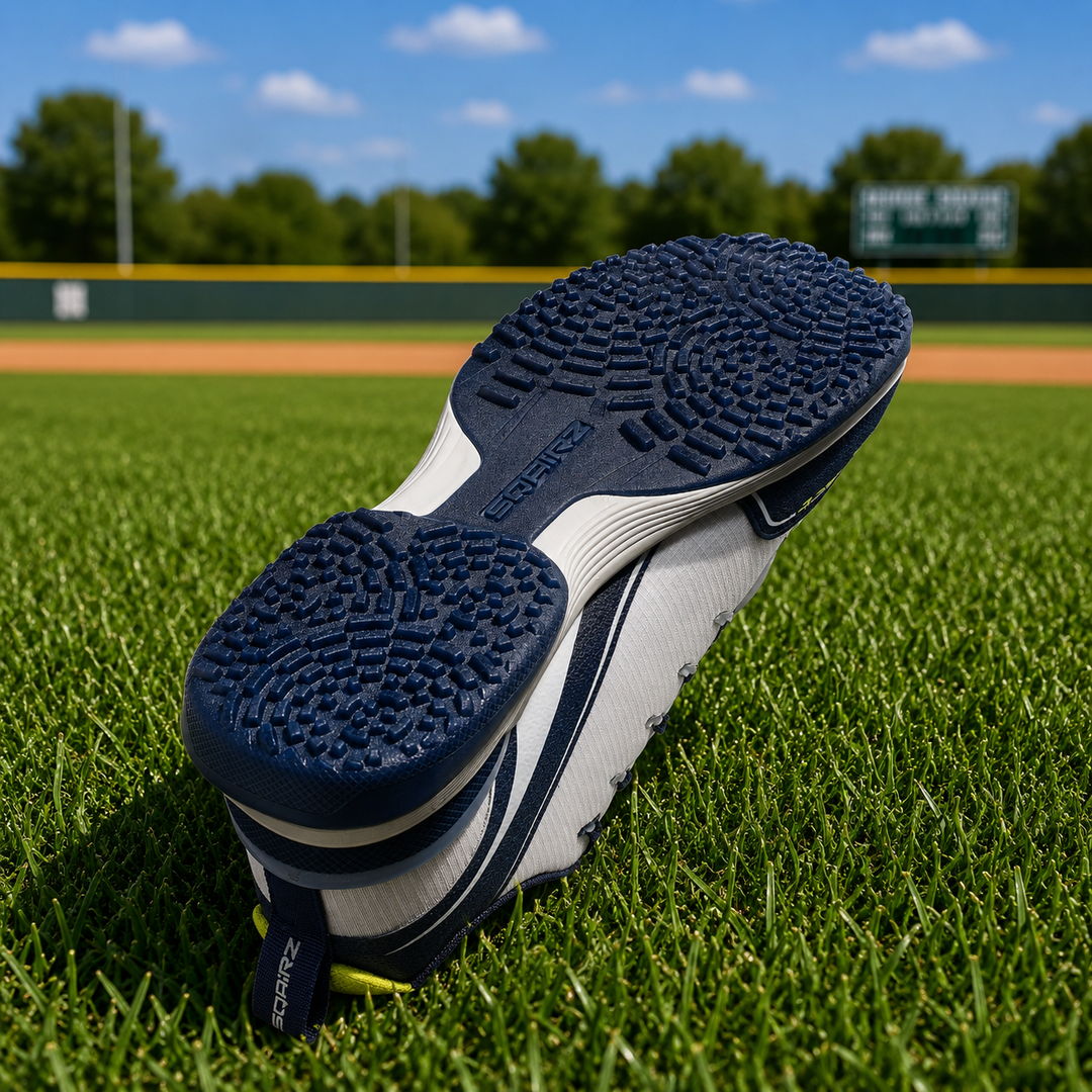 Rear heel on navySQAIRZ GFP2 softball turf shoe featuring integrated stability support for balance and comfort