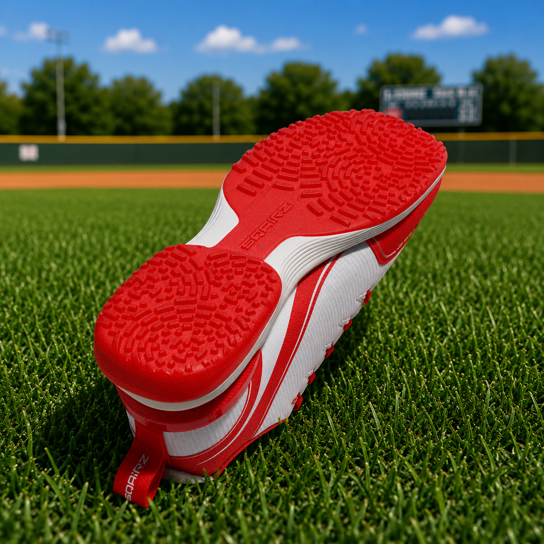 Rear heel on red SQAIRZ GFP2 softball turf shoe featuring integrated stability support for balance and comfort