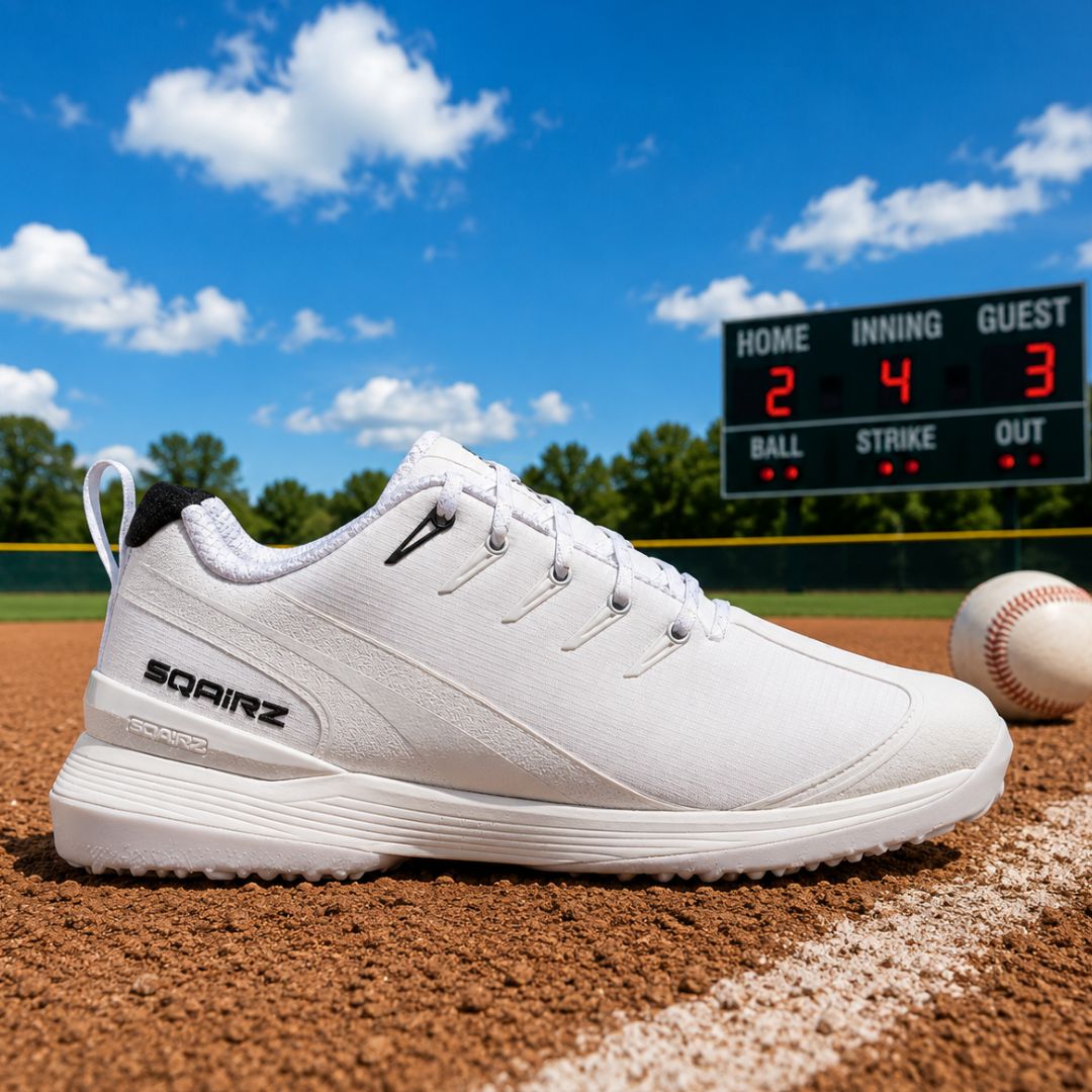 white SQAIRZ youth baseball and softball turf shoes with high-traction outsole for training, practice, and game day.