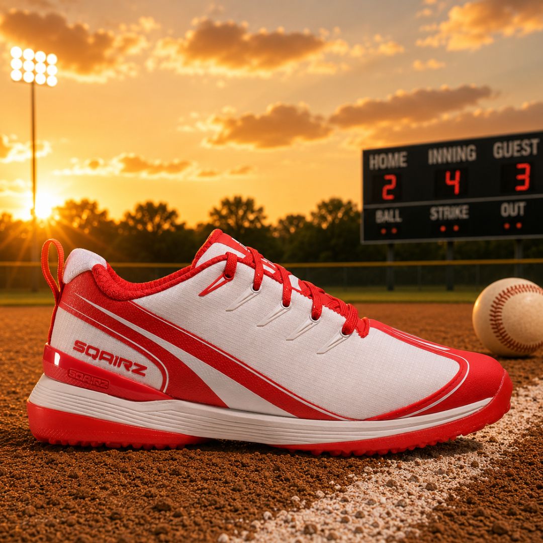 Red SQAIRZ youth turf shoes for baseball and softball featuring durable traction, athletic comfort, and game-ready performance on synthetic turf.